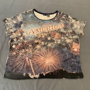 Holiday Editions Shirt Womens 2X America Patriotic Fireworks Stars Graphic Tee T